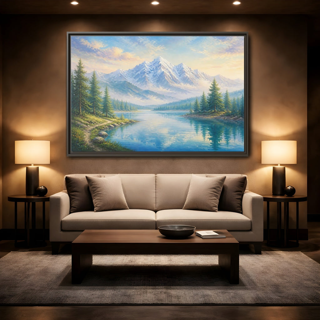 Mockup 2. Nature Mountain Lake Blue Green Landscape shown as stretched canvas wall art