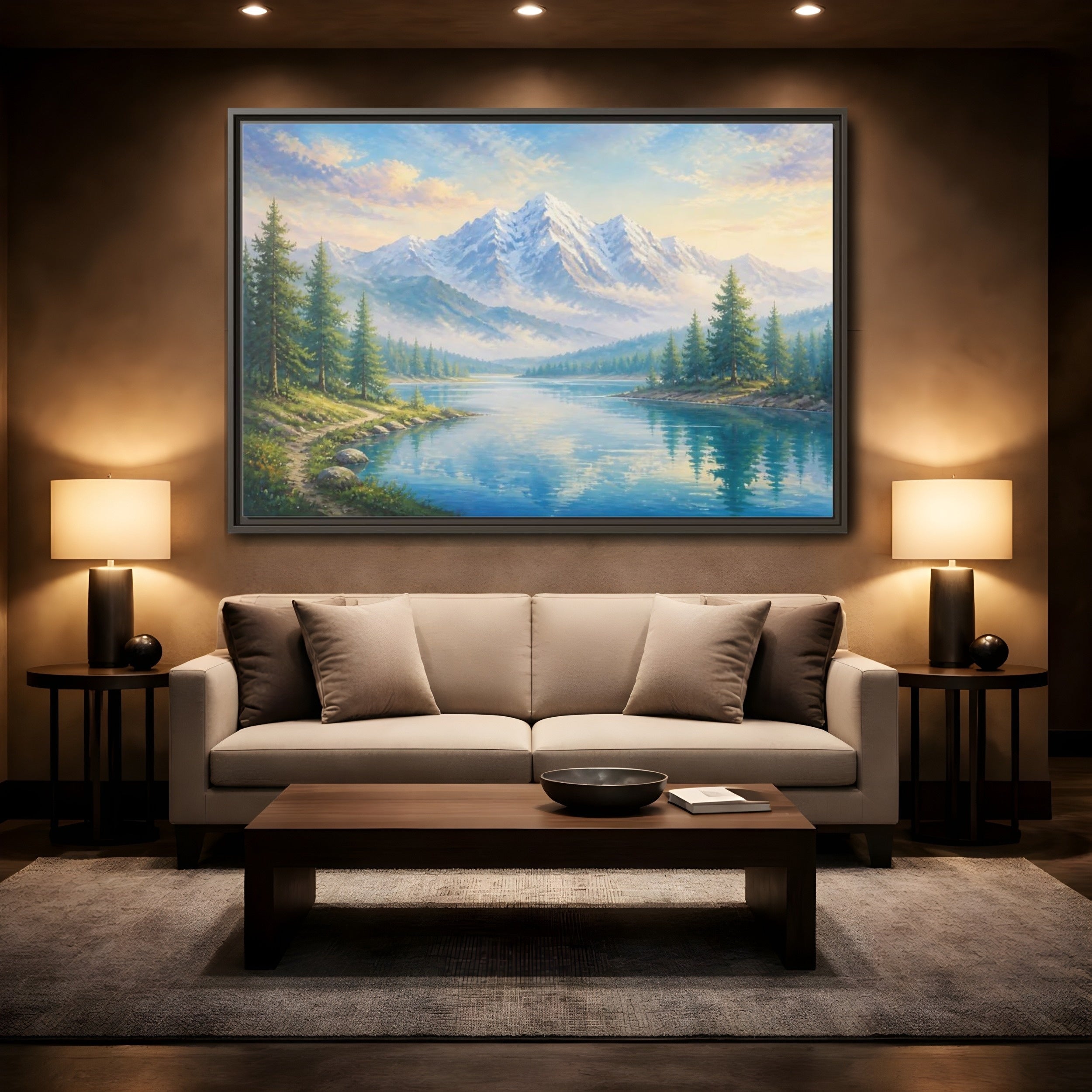 Mockup 2. Nature Mountain Lake Blue Green Landscape shown as stretched canvas wall art
