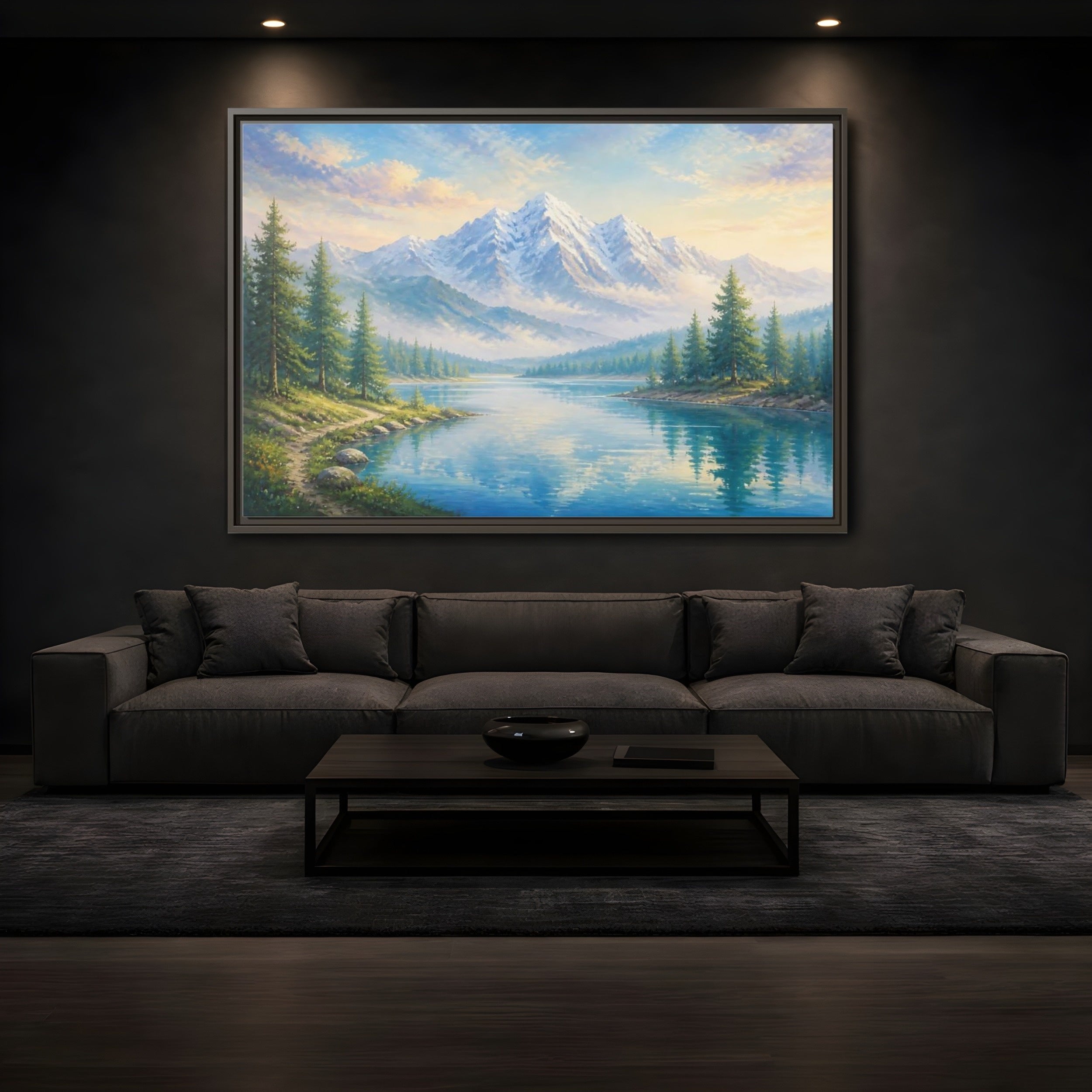 Mockup 3. Nature Mountain Lake Blue Green Landscape shown as stretched canvas wall art