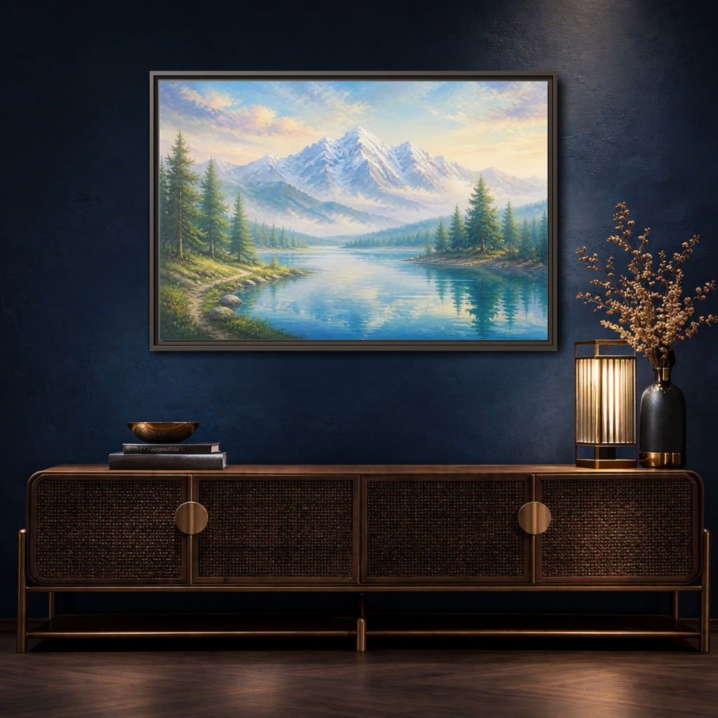 Mockup 4. Nature Mountain Lake Blue Green Landscape shown as stretched canvas wall art