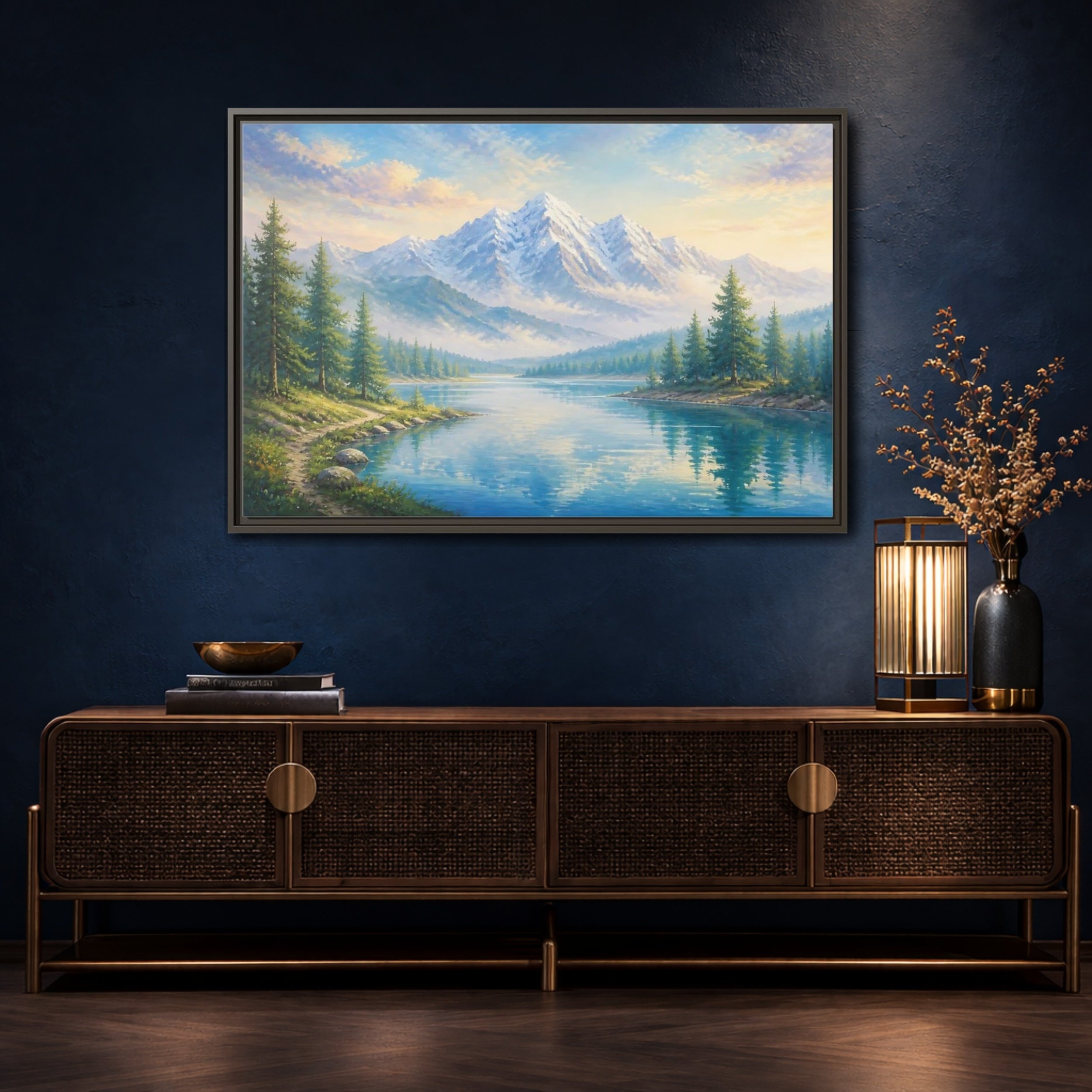 Mockup 4. Nature Mountain Lake Blue Green Landscape shown as stretched canvas wall art