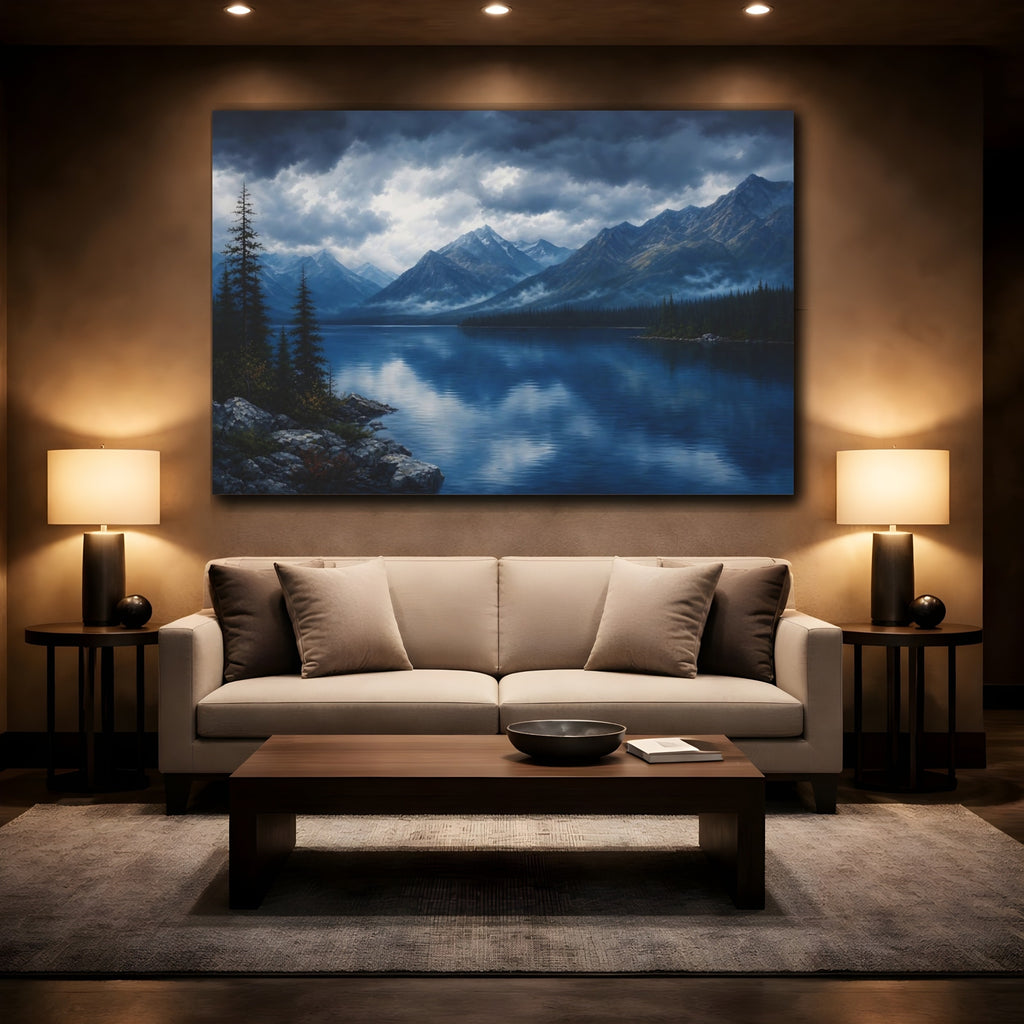Mockup 2. Nature Mountain Lake Blue Lake Mountain shown as stretched canvas wall art