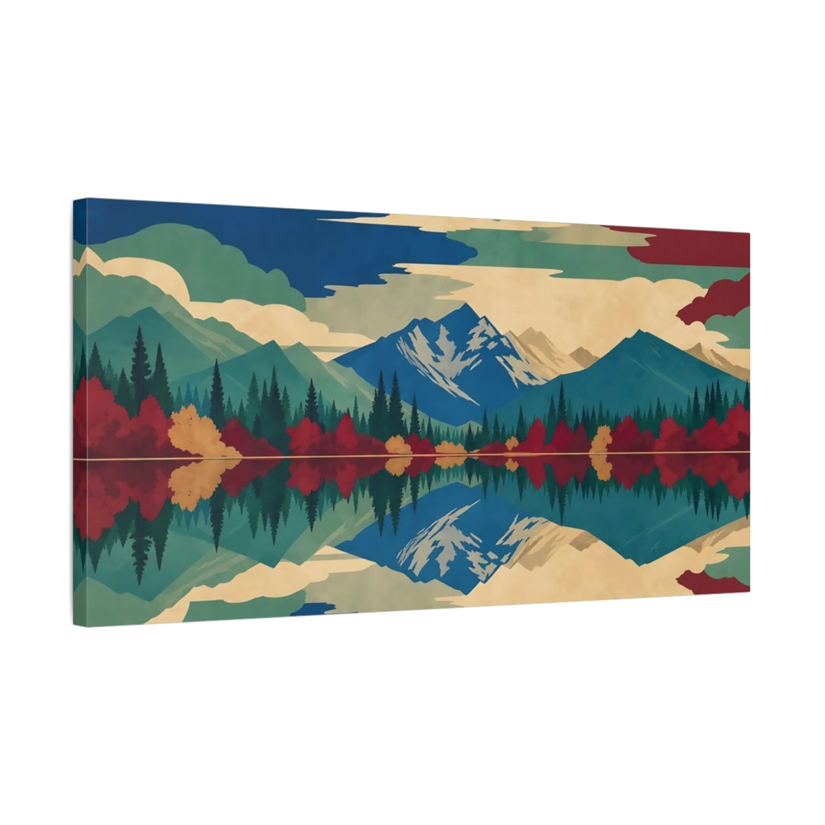 Side Mockup 1. Nature Mountain Lake Colorful Mountain Lake shown as stretched canvas wall art