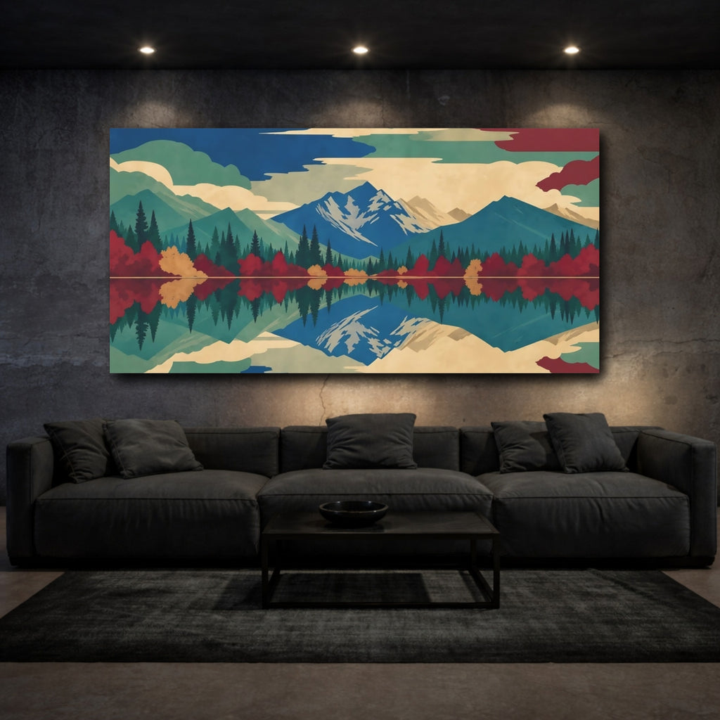 Mockup 3. Nature Mountain Lake Colorful Mountain Lake shown as stretched canvas wall art