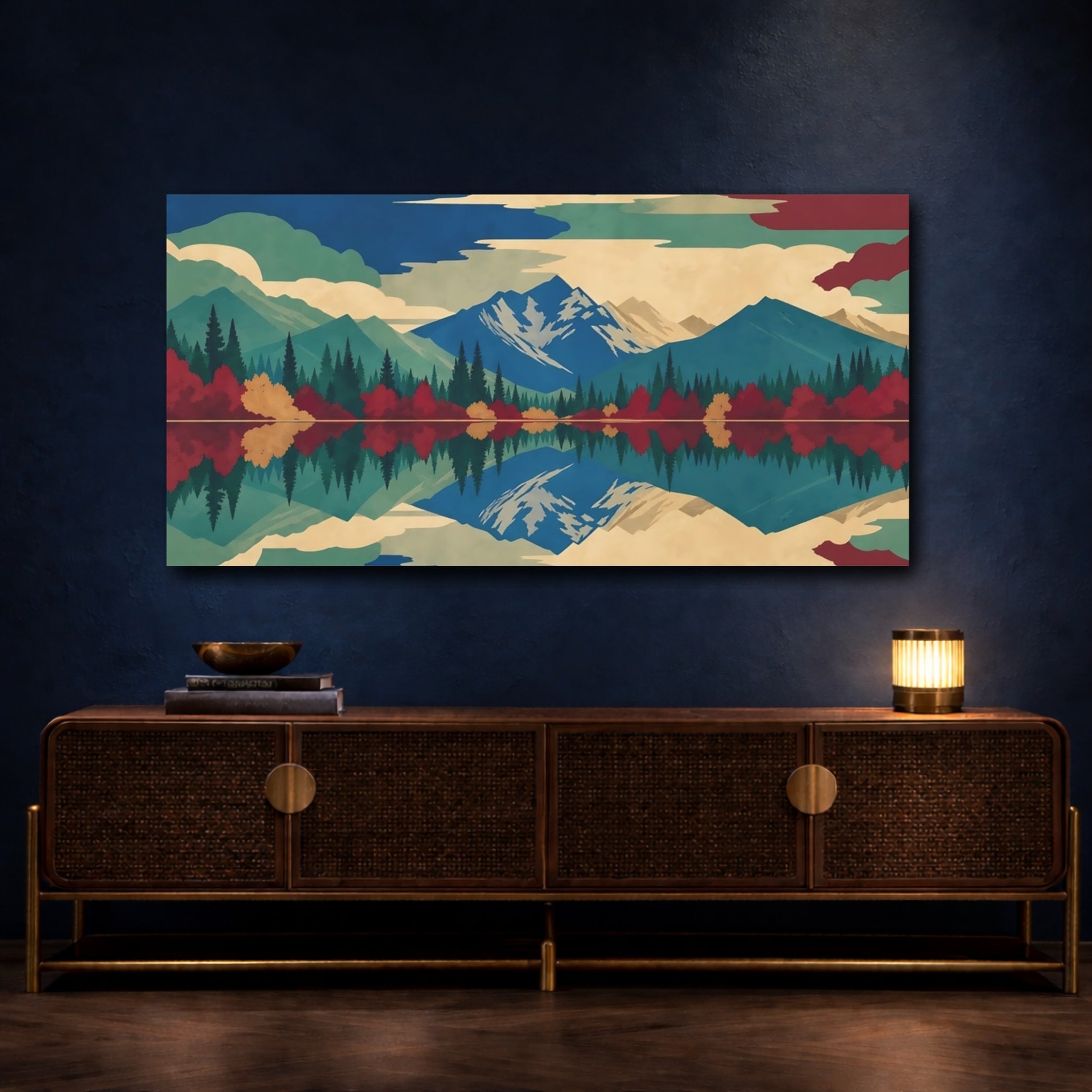 Mockup 4. Nature Mountain Lake Colorful Mountain Lake shown as stretched canvas wall art