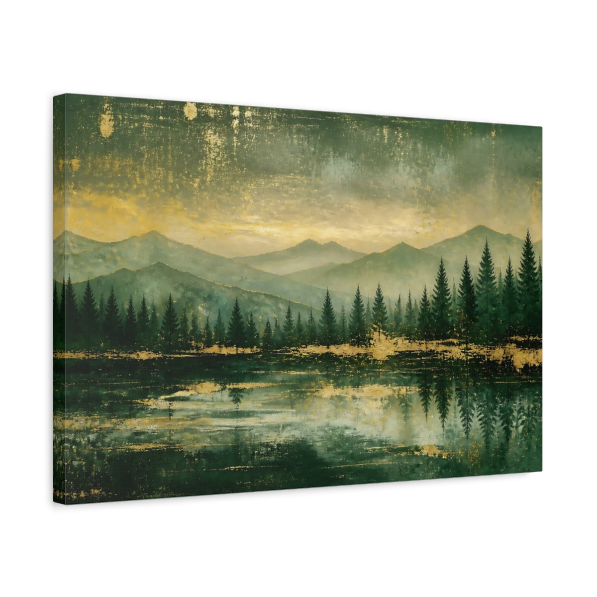 Side Mockup 3. Nature Mountain Lake Green And Gold shown as stretched canvas wall art