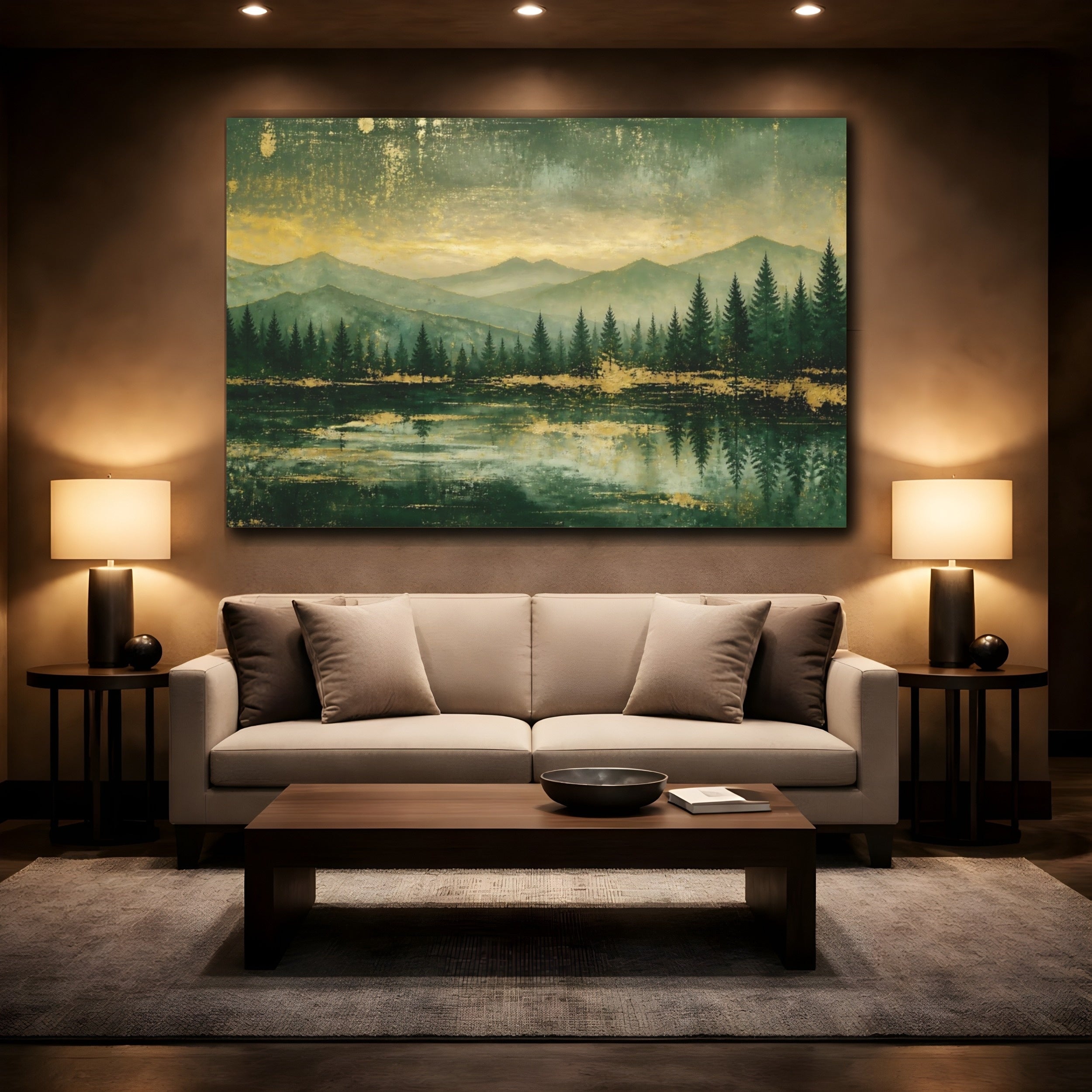 Mockup 2. Nature Mountain Lake Green And Gold shown as stretched canvas wall art