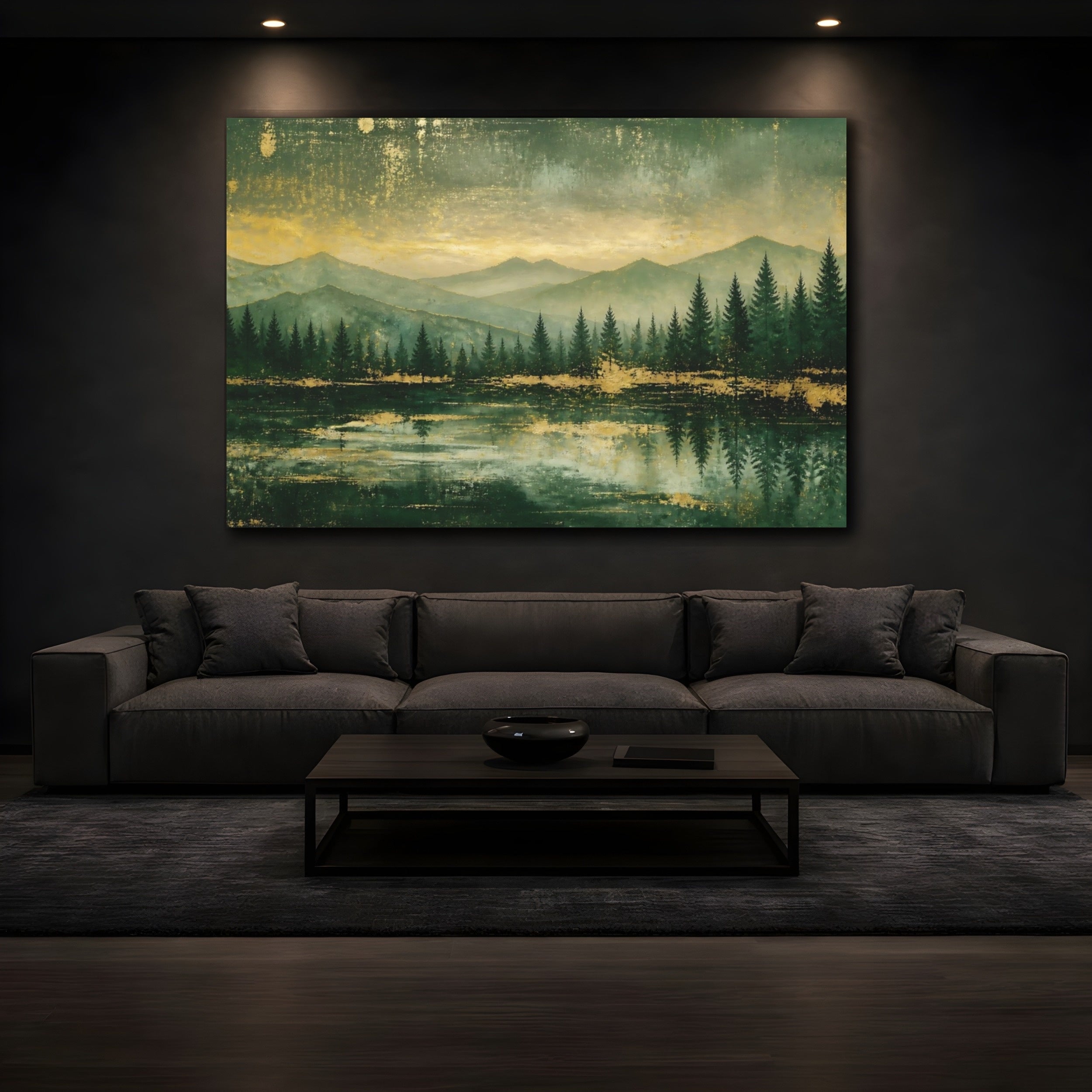 Mockup 3. Nature Mountain Lake Green And Gold shown as stretched canvas wall art