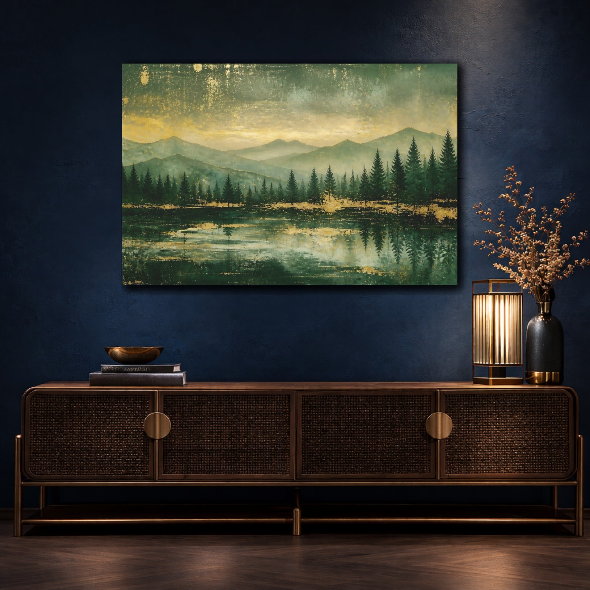 Mockup 4. Nature Mountain Lake Green And Gold shown as stretched canvas wall art