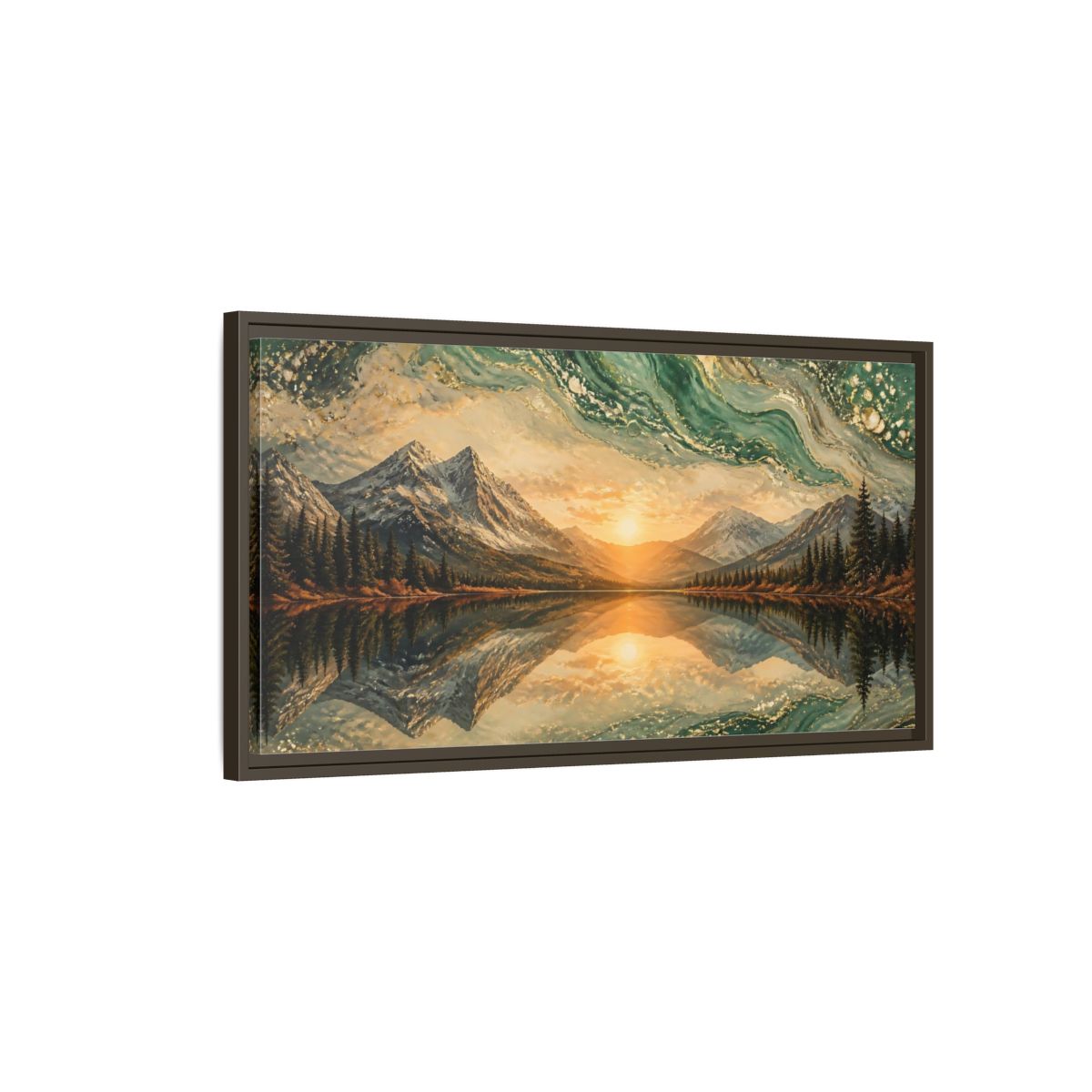Main Mockup. Nature Mountain Lake Green Gold Landscape shown as stretched canvas wall art