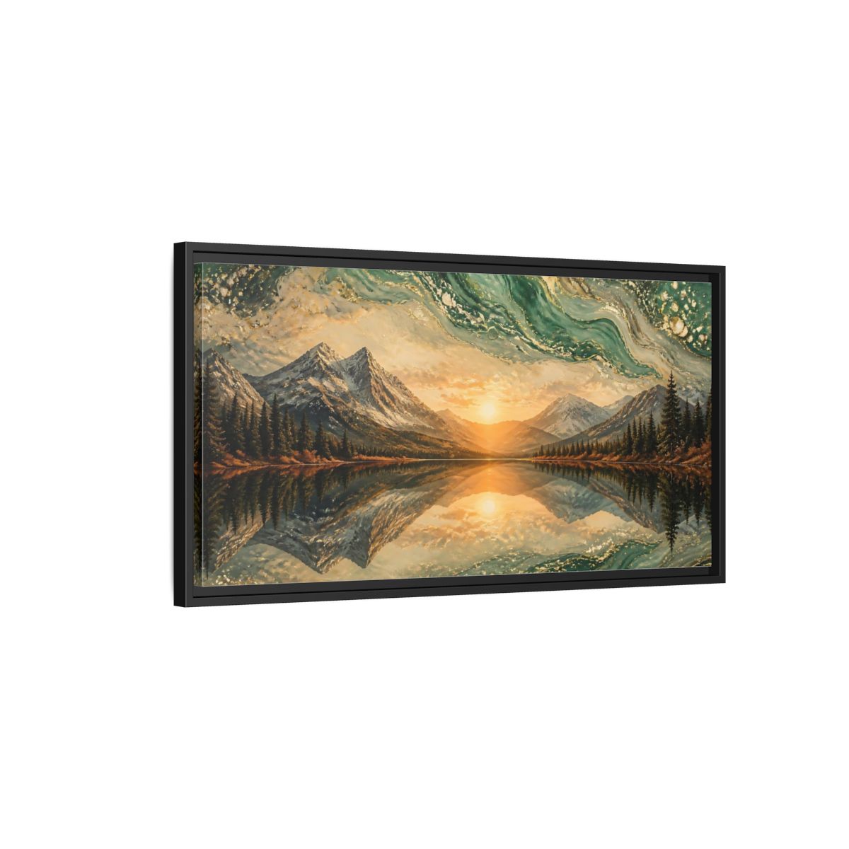 Side Mockup 2. Nature Mountain Lake Green Gold Landscape shown as stretched canvas wall art