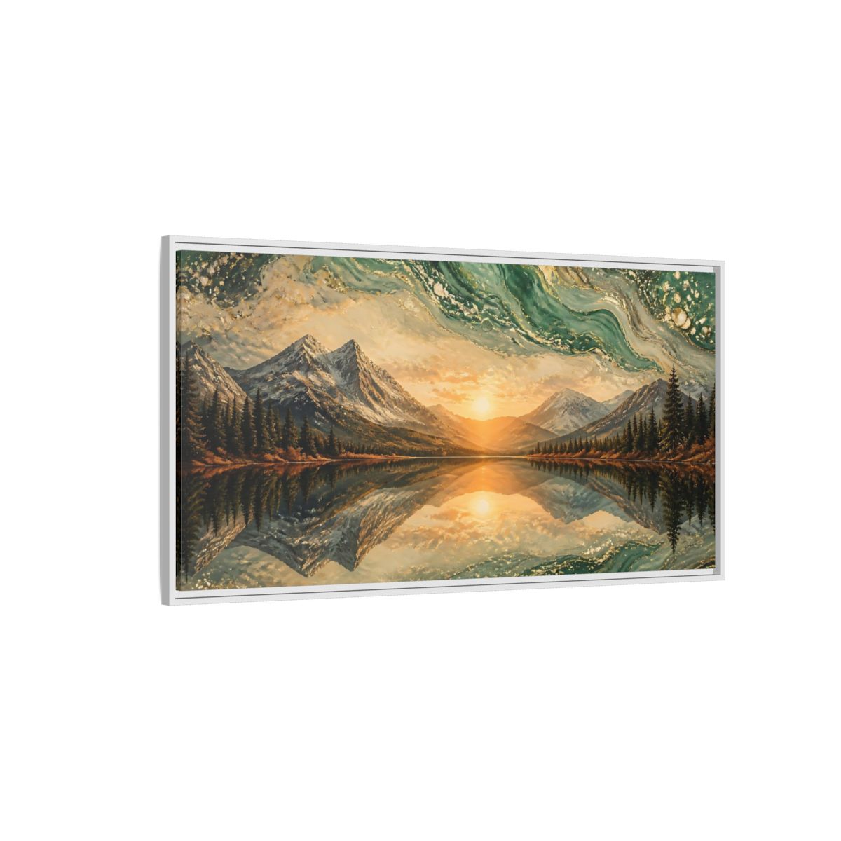 Side Mockup 3. Nature Mountain Lake Green Gold Landscape shown as stretched canvas wall art
