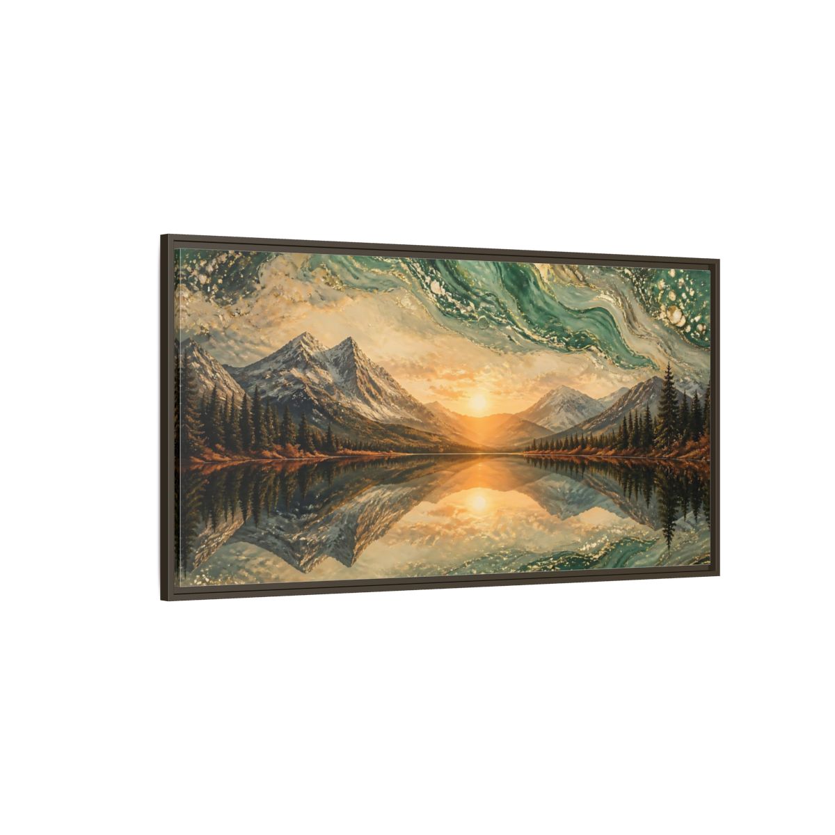Side Mockup 4. Nature Mountain Lake Green Gold Landscape shown as stretched canvas wall art