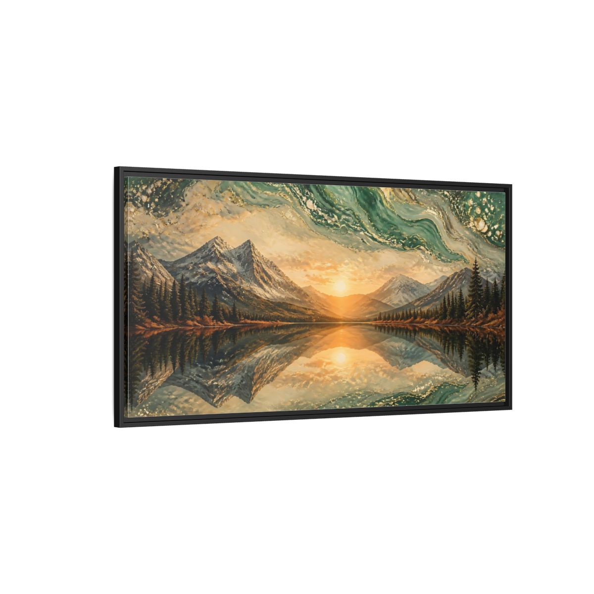 Side Mockup 5. Nature Mountain Lake Green Gold Landscape shown as stretched canvas wall art