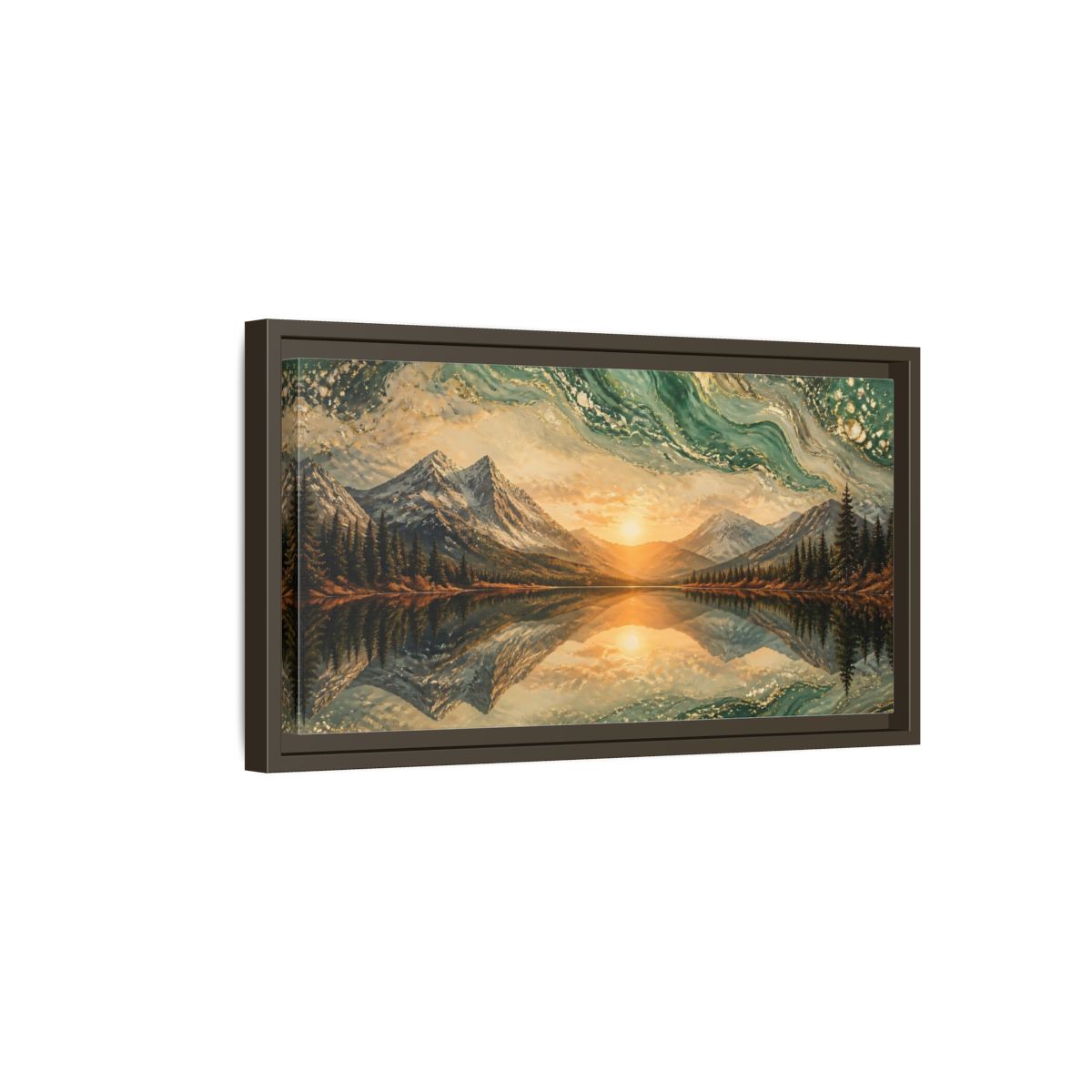 Side Mockup 7. Nature Mountain Lake Green Gold Landscape shown as stretched canvas wall art