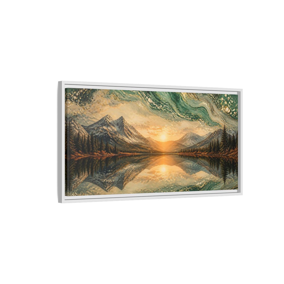Side Mockup 1. Nature Mountain Lake Green Gold Landscape shown as stretched canvas wall art