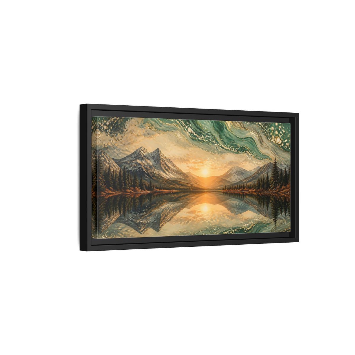 Side Mockup 8. Nature Mountain Lake Green Gold Landscape shown as stretched canvas wall art