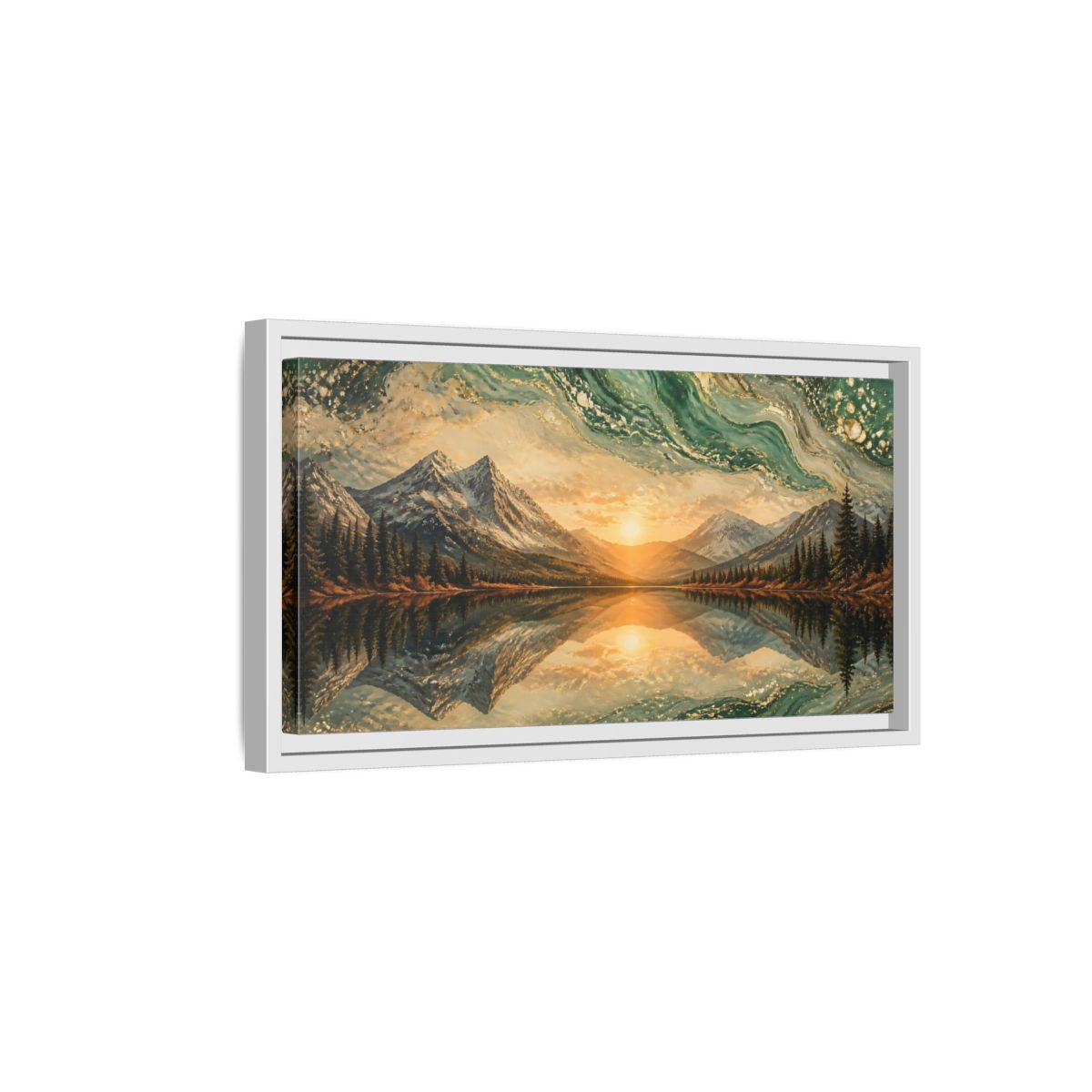 Side Mockup 6. Nature Mountain Lake Green Gold Landscape shown as stretched canvas wall art