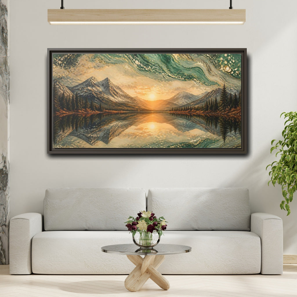 Mockup 2. Nature Mountain Lake Green Gold Landscape shown as stretched canvas wall art