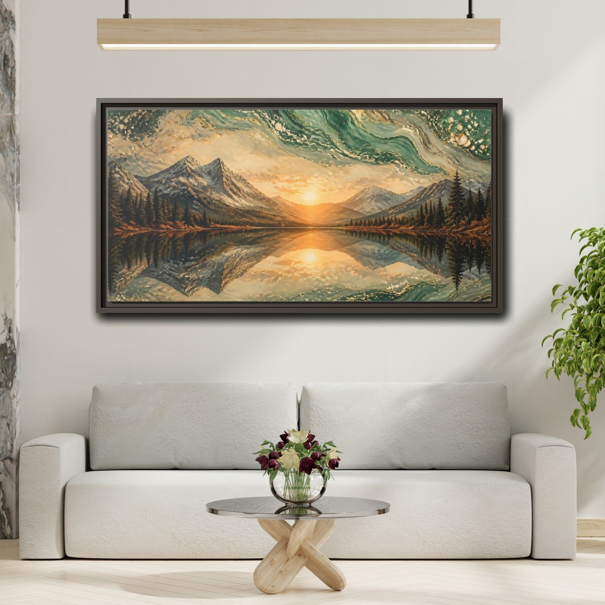 Mockup 2. Nature Mountain Lake Green Gold Landscape shown as stretched canvas wall art