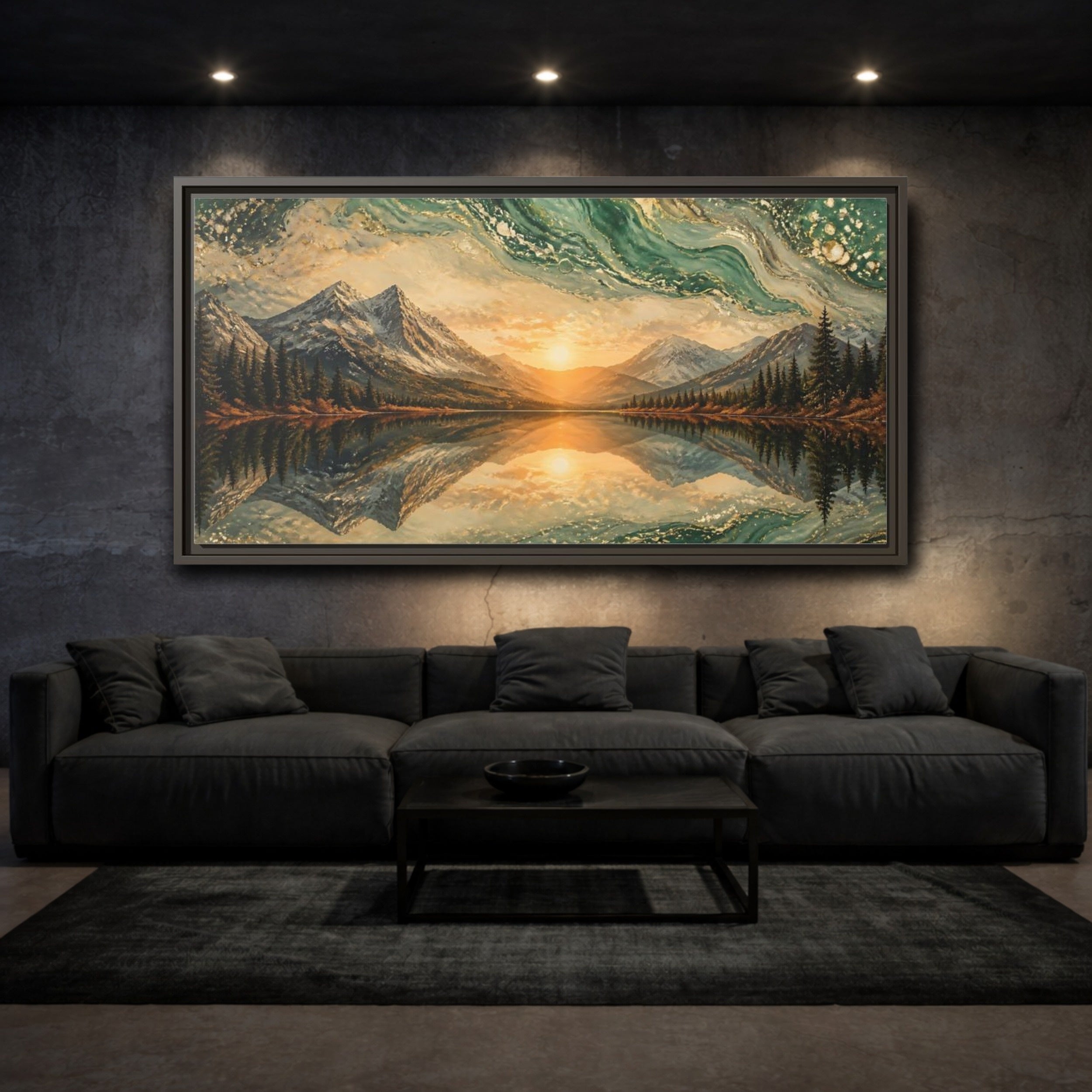 Mockup 3. Nature Mountain Lake Green Gold Landscape shown as stretched canvas wall art