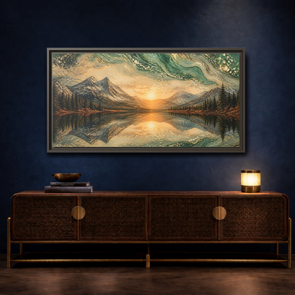 Mockup 4. Nature Mountain Lake Green Gold Landscape shown as stretched canvas wall art