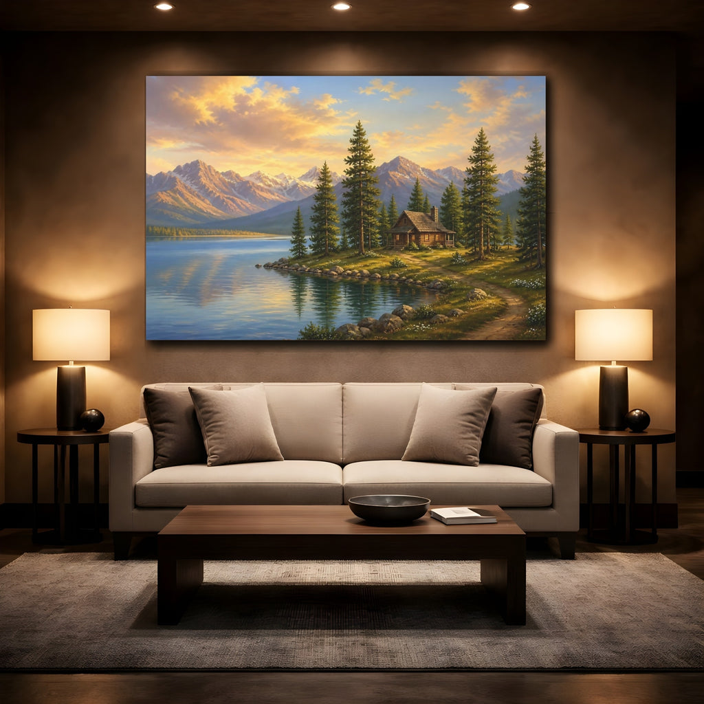 Mockup 2. Nature Mountain Lake Mountain Lake Sunset shown as stretched canvas wall art