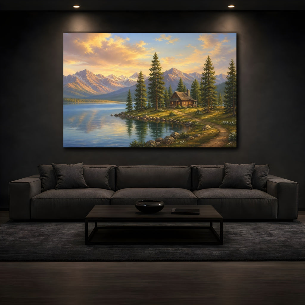 Mockup 3. Nature Mountain Lake Mountain Lake Sunset shown as stretched canvas wall art