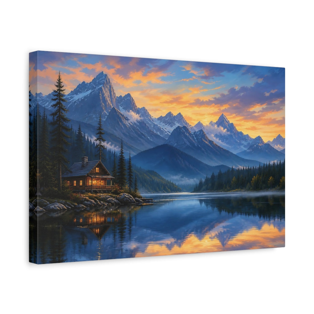 Side Mockup 4. Nature Mountain Lake Orange Blue Landscape shown as stretched canvas wall art