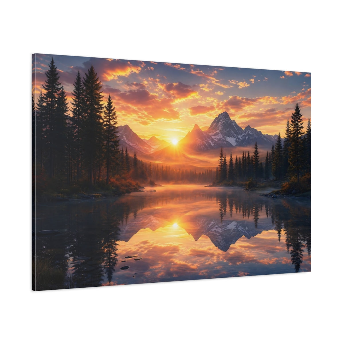 Side Mockup 1. Nature Mountain Lake Orange Sunset shown as stretched canvas wall art