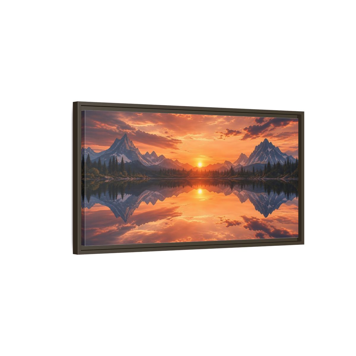 Main Mockup. Nature Mountain Lake Orange Sunset Landscape shown as stretched canvas wall art