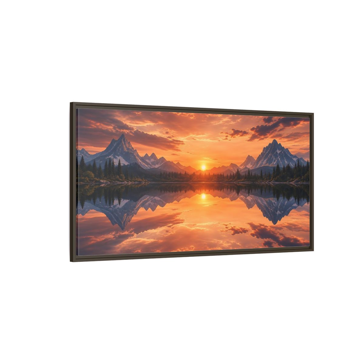Side Mockup 4. Nature Mountain Lake Orange Sunset Landscape shown as stretched canvas wall art