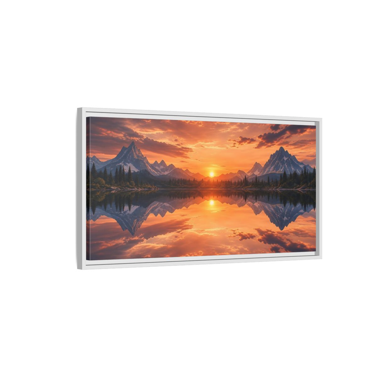 Side Mockup 1. Nature Mountain Lake Orange Sunset Landscape shown as stretched canvas wall art