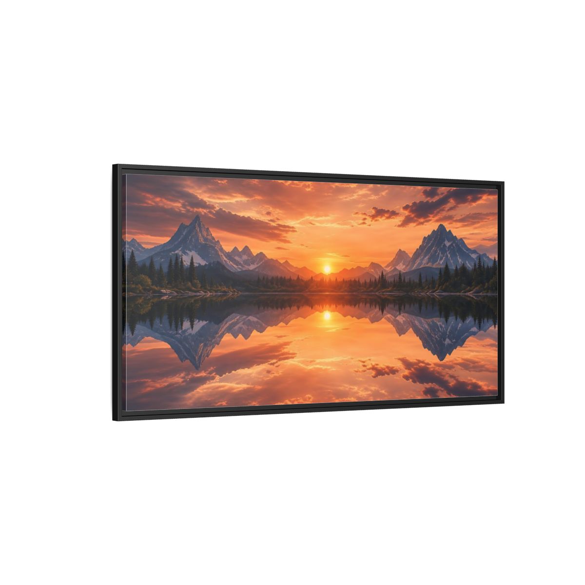 Side Mockup 5. Nature Mountain Lake Orange Sunset Landscape shown as stretched canvas wall art