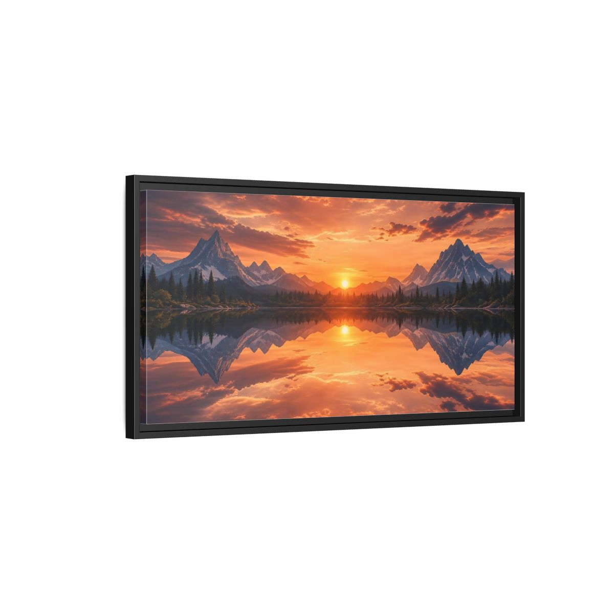 Side Mockup 2. Nature Mountain Lake Orange Sunset Landscape shown as stretched canvas wall art