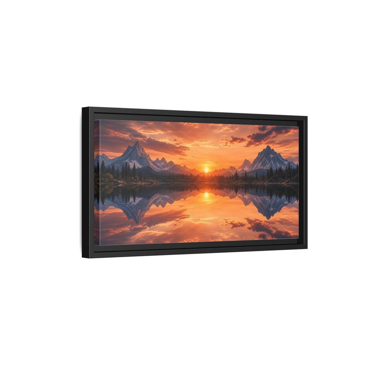 Side Mockup 8. Nature Mountain Lake Orange Sunset Landscape shown as stretched canvas wall art