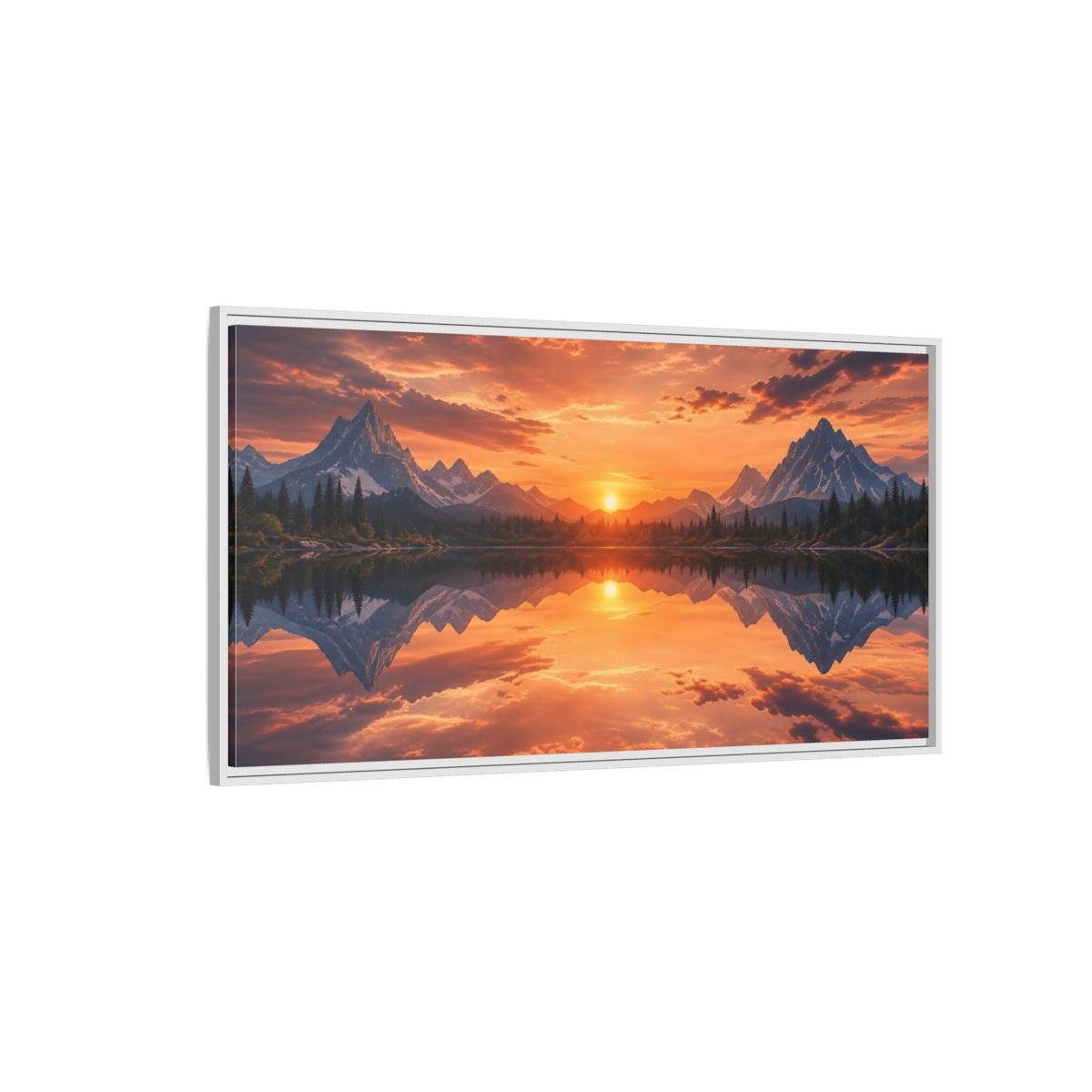 Side Mockup 3. Nature Mountain Lake Orange Sunset Landscape shown as stretched canvas wall art