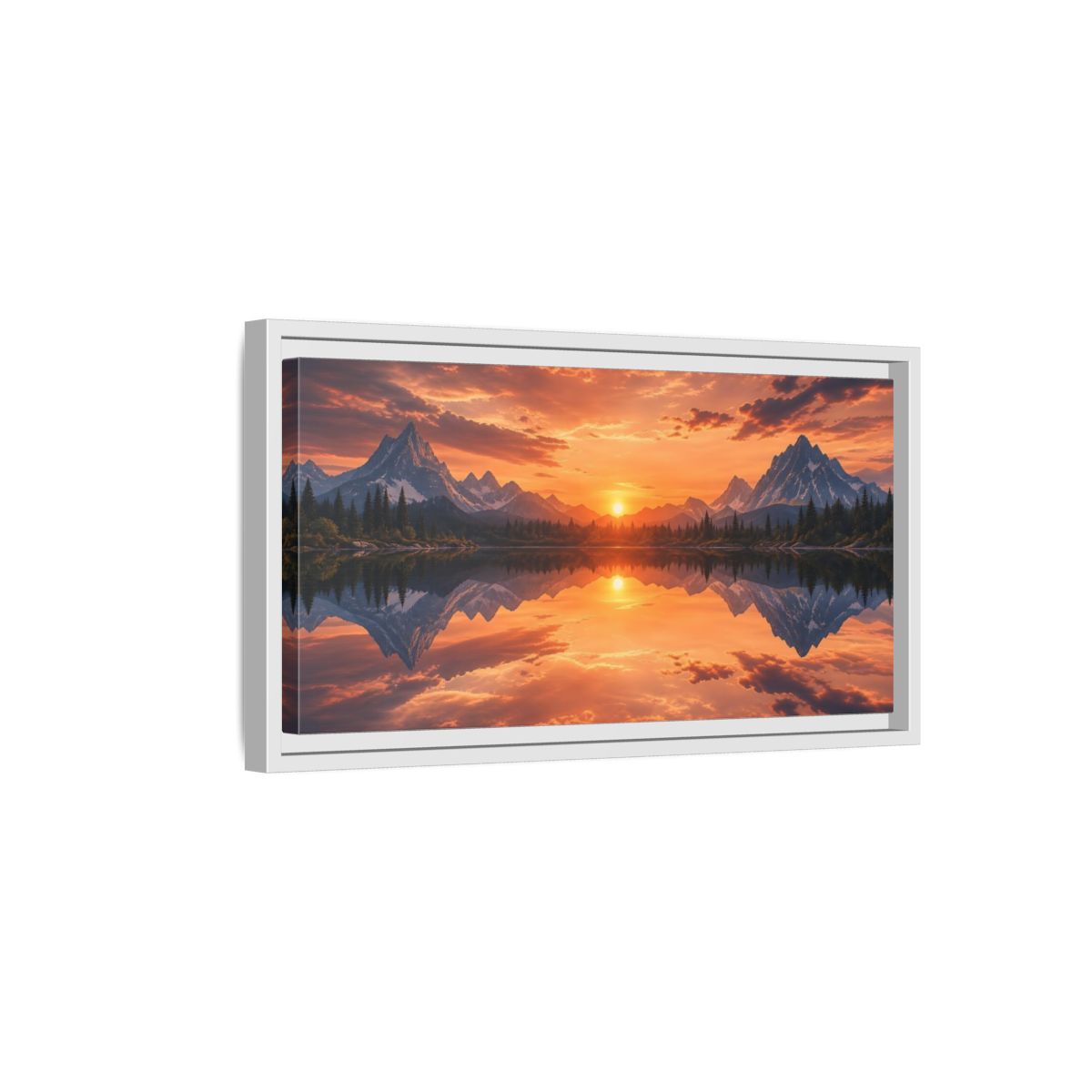 Side Mockup 6. Nature Mountain Lake Orange Sunset Landscape shown as stretched canvas wall art