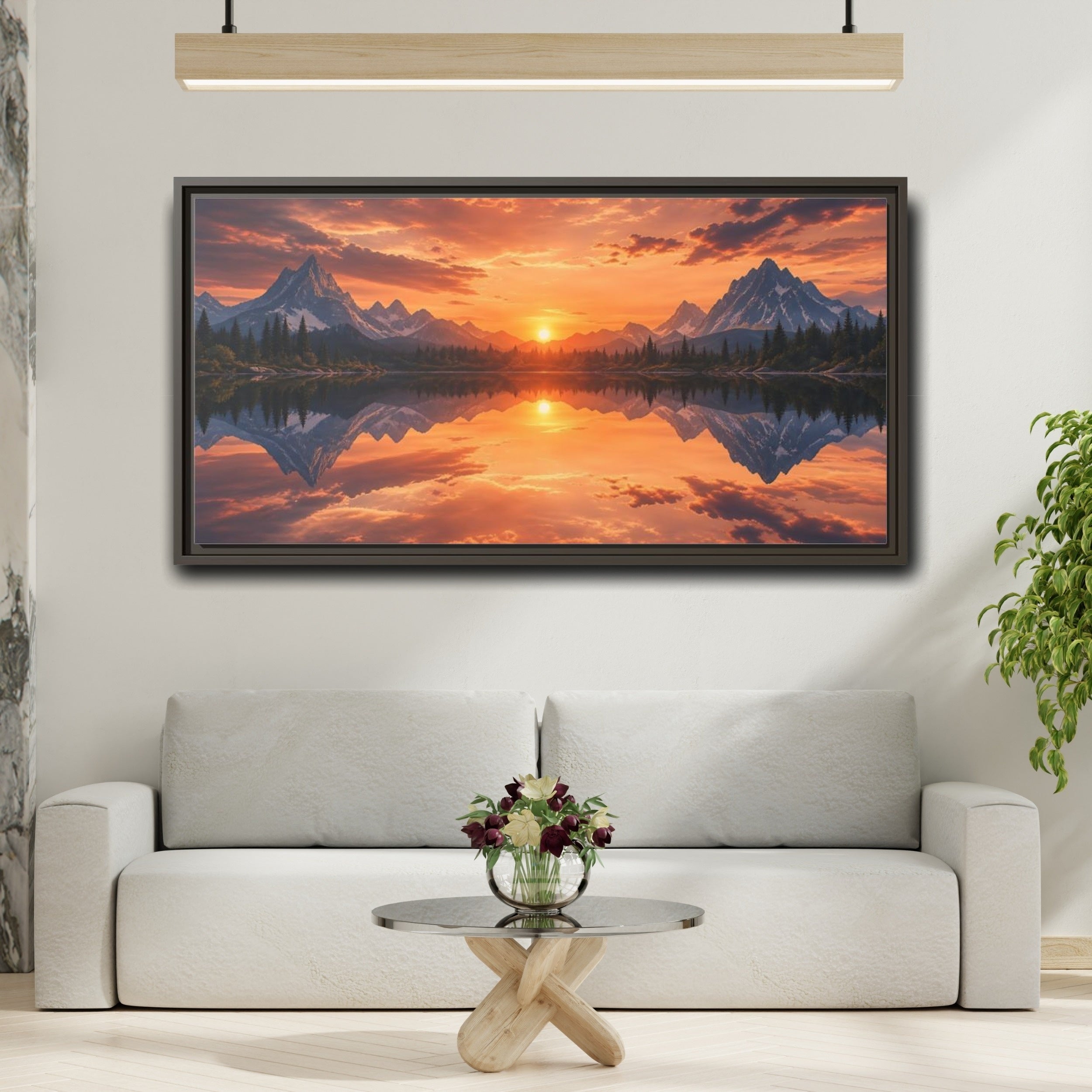 Mockup 2. Nature Mountain Lake Orange Sunset Landscape shown as stretched canvas wall art
