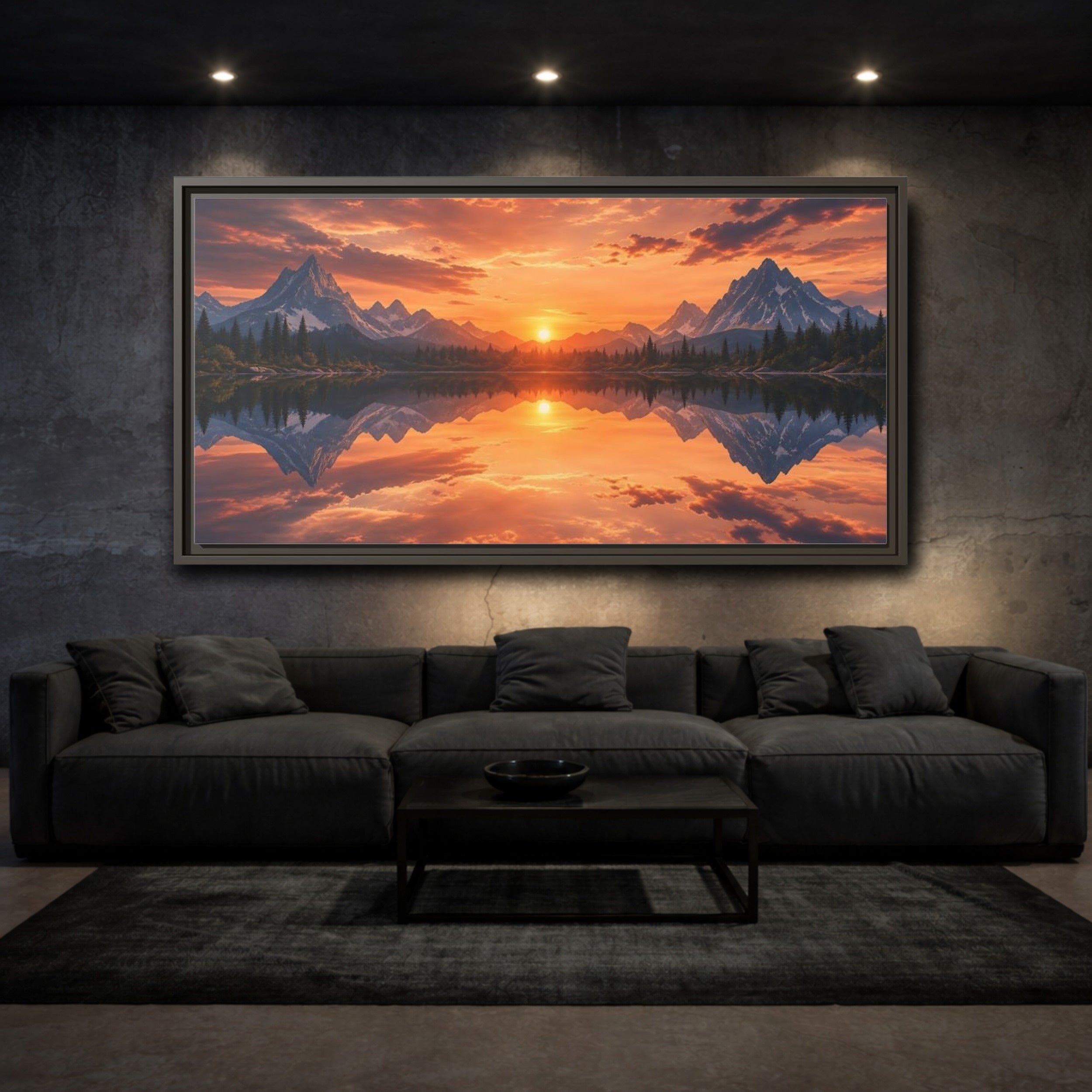 Mockup 3. Nature Mountain Lake Orange Sunset Landscape shown as stretched canvas wall art