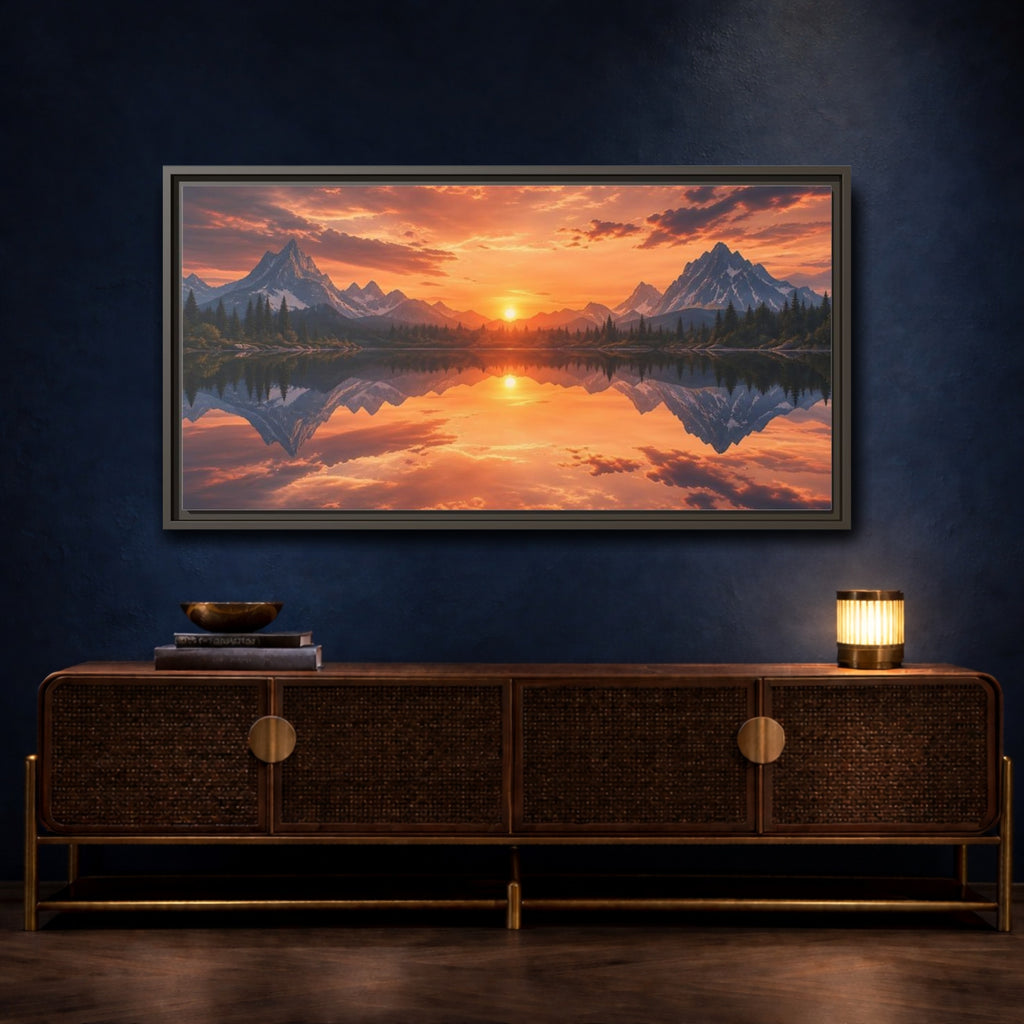 Mockup 4. Nature Mountain Lake Orange Sunset Landscape shown as stretched canvas wall art