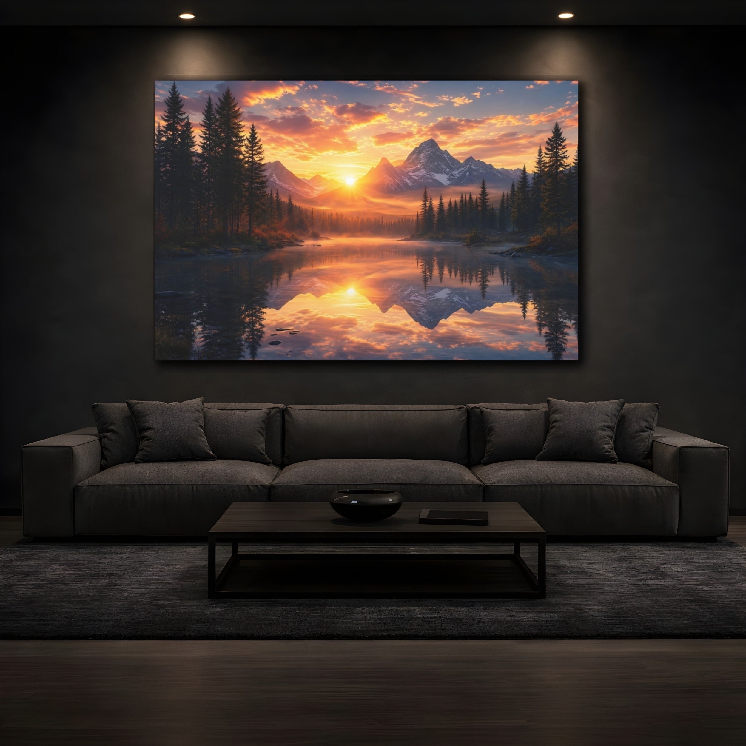 Mockup 3. Nature Mountain Lake Orange Sunset shown as stretched canvas wall art