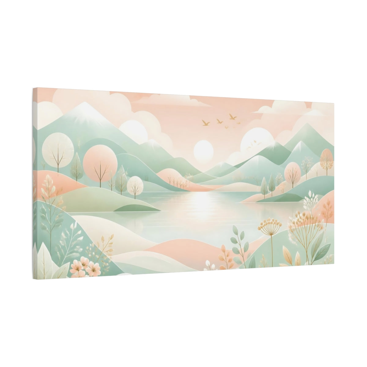 Main Mockup. Nature Mountain Lake Pastel Landscape shown as stretched canvas wall art
