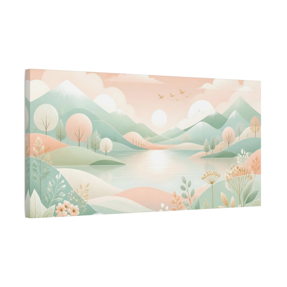 Side Mockup 1. Nature Mountain Lake Pastel Landscape shown as stretched canvas wall art