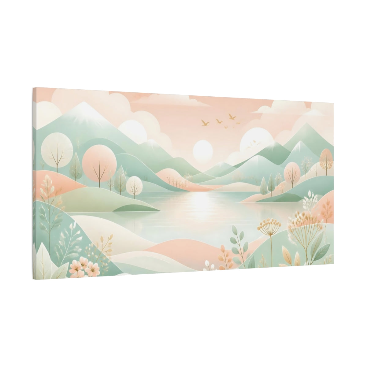 Side Mockup 2. Nature Mountain Lake Pastel Landscape shown as stretched canvas wall art