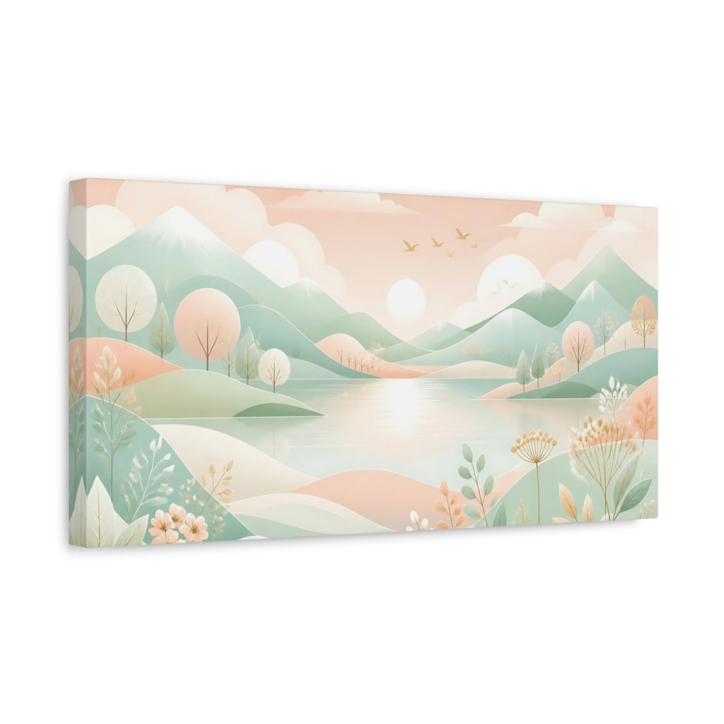 Side Mockup 3. Nature Mountain Lake Pastel Landscape shown as stretched canvas wall art