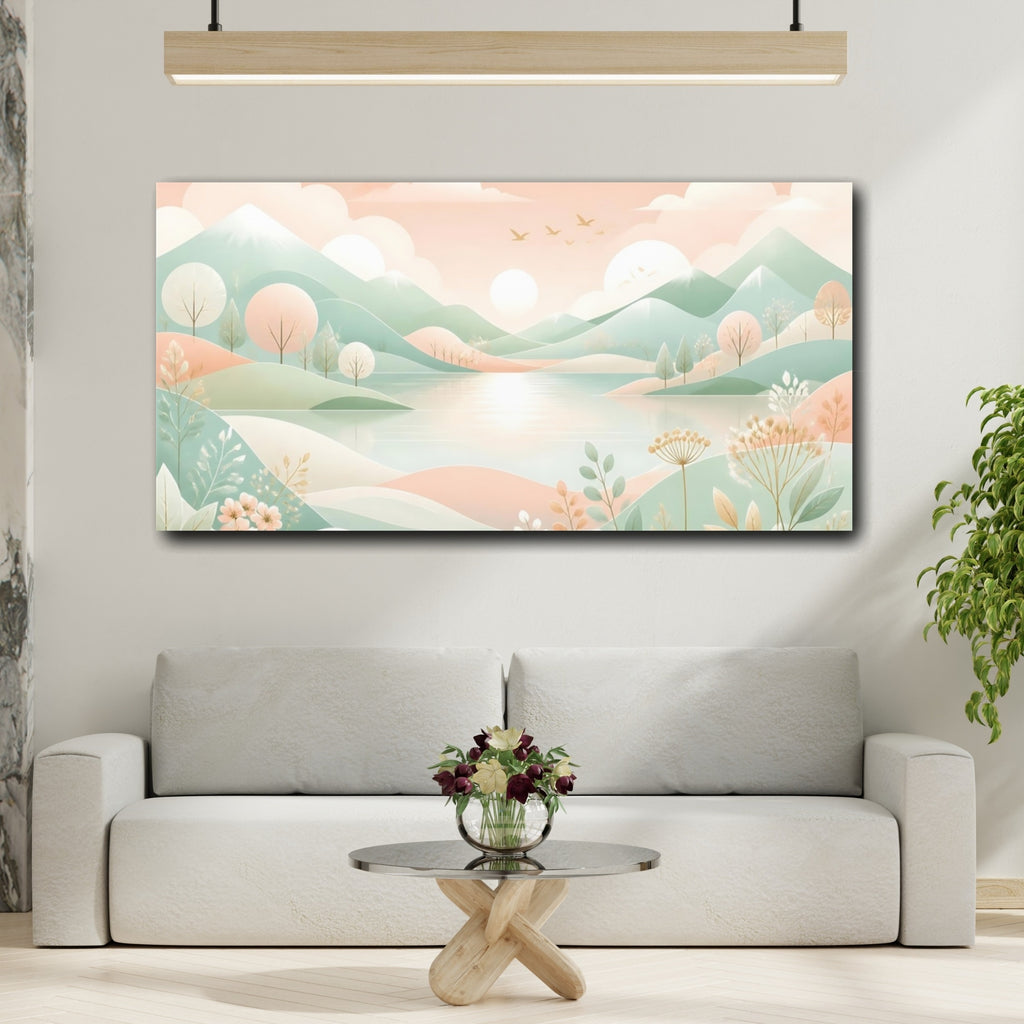 Mockup 2. Nature Mountain Lake Pastel Landscape shown as stretched canvas wall art