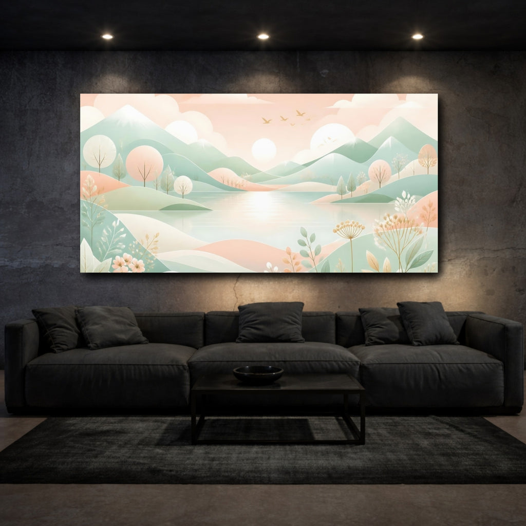 Mockup 3. Nature Mountain Lake Pastel Landscape shown as stretched canvas wall art