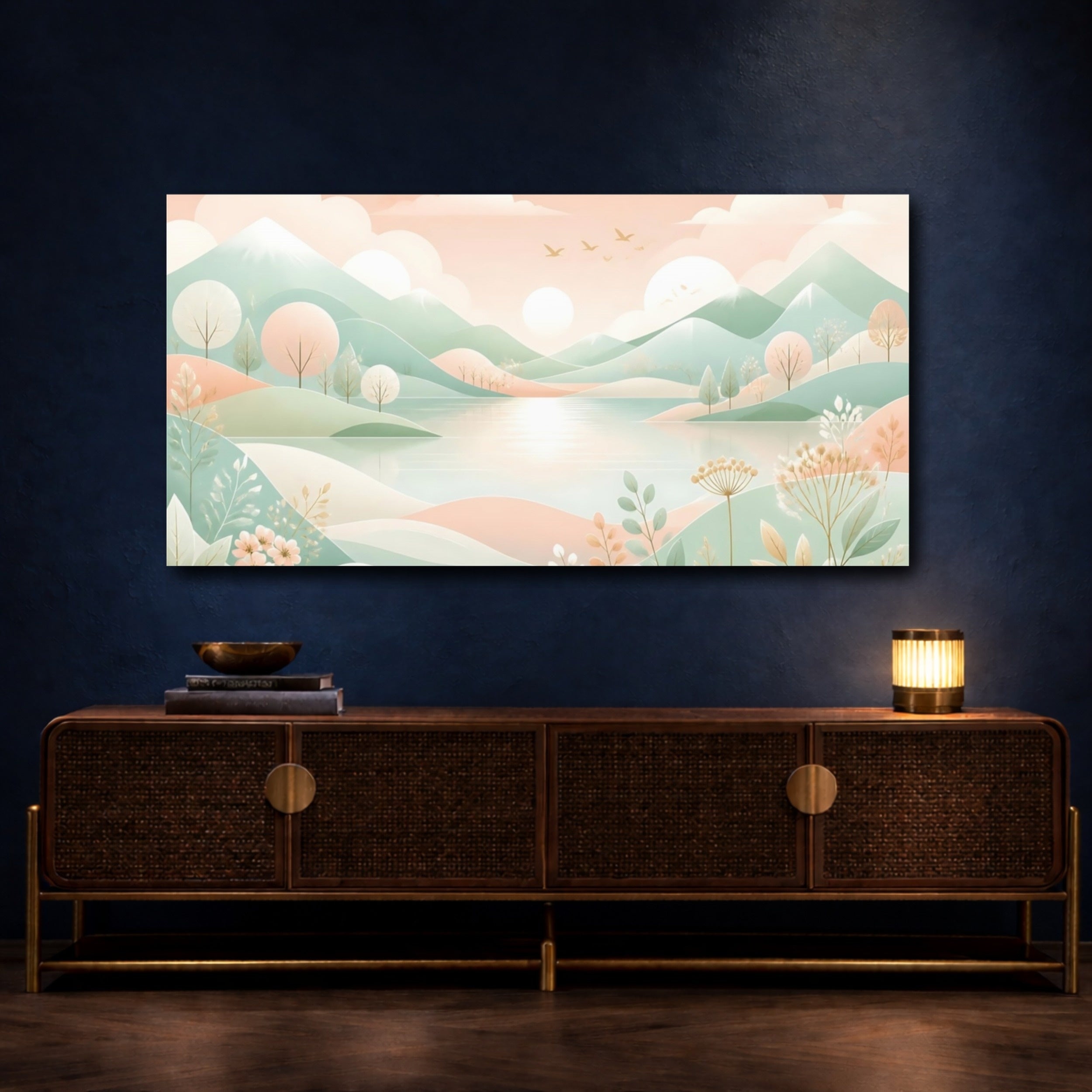 Mockup 4. Nature Mountain Lake Pastel Landscape shown as stretched canvas wall art