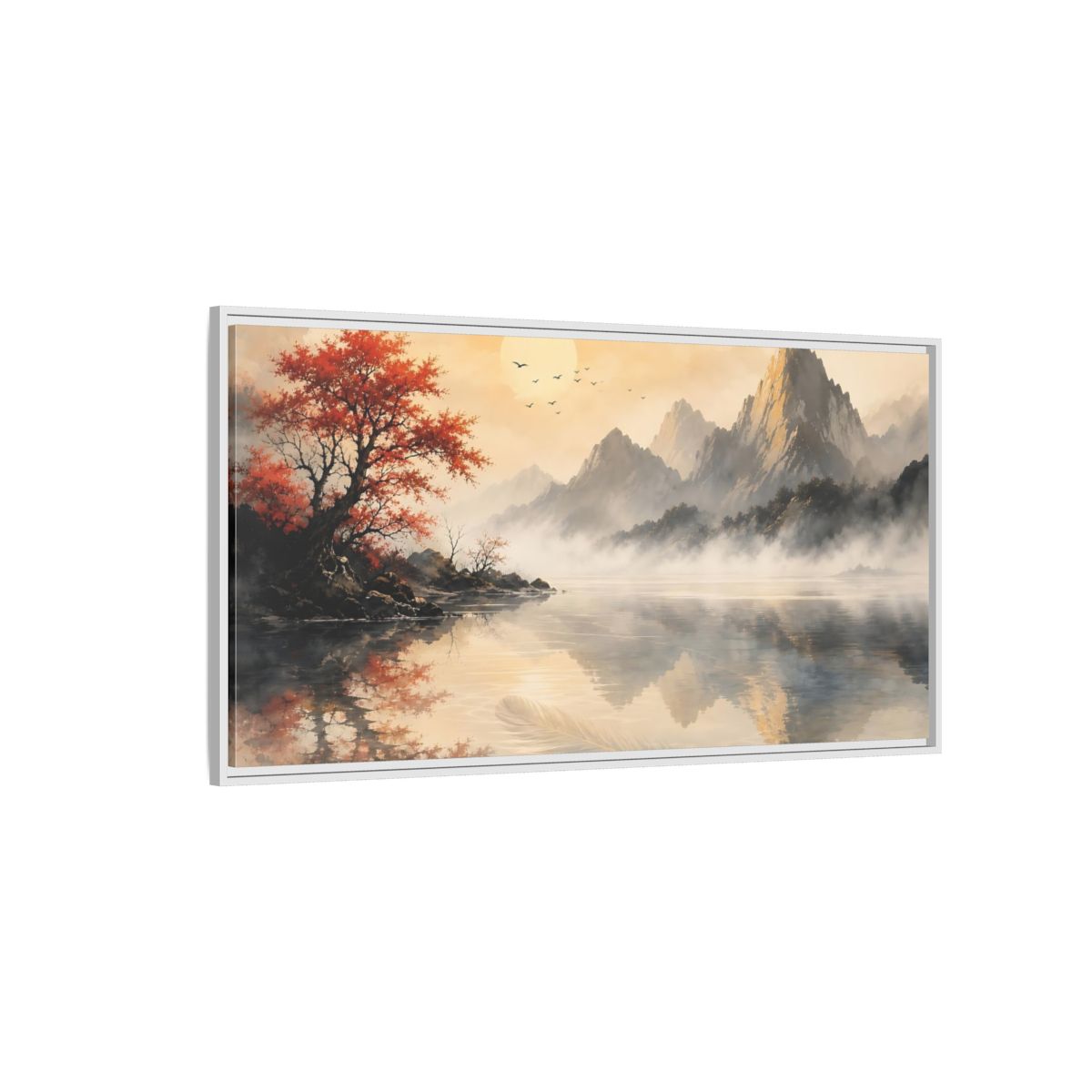 Side Mockup 3. Nature Mountain Lake Red Autumn Landscape shown as stretched canvas wall art
